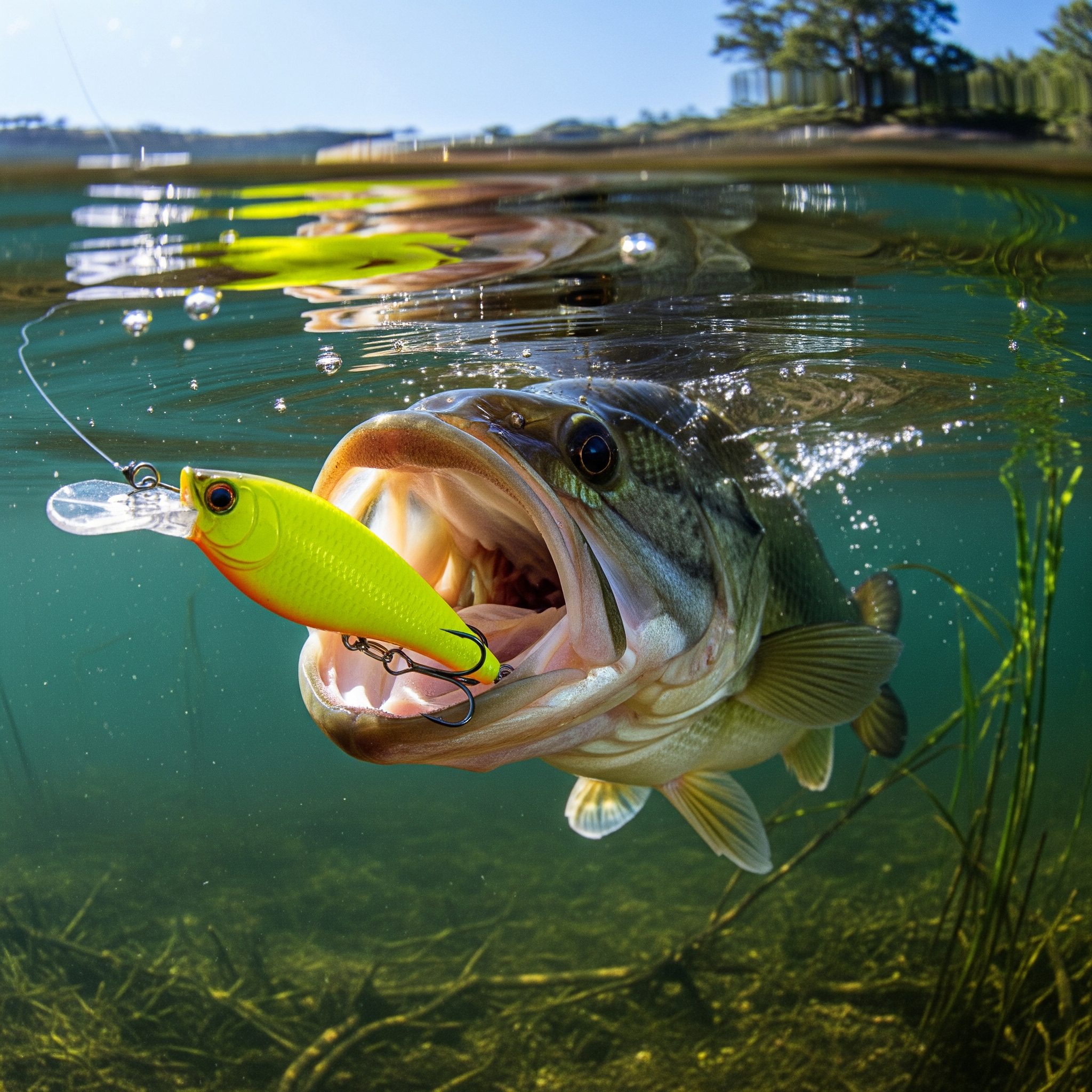 Black bass che insegue un artificiale in acqua dolce