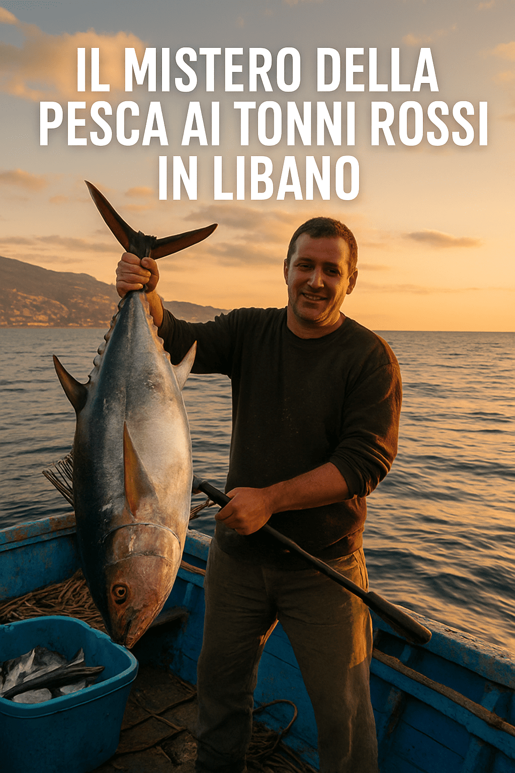 Pescatore sorridente su una barca che mostra un tonno rosso appena pescato, con il tramonto sul Mediterraneo.