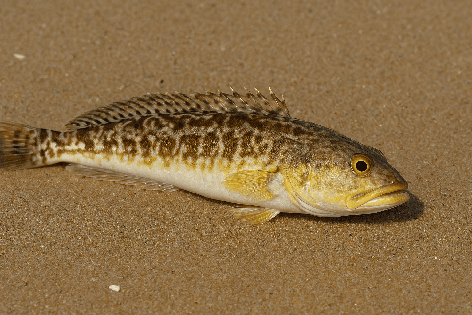 Tracina (Trachinus draco) sulla sabbia, con pinne dorsali velenose ben visibili.