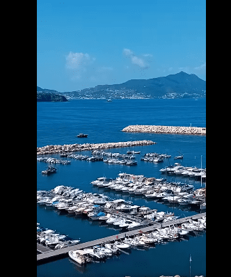 Bacino interno della Marina di Acquamorta, con numerose barche ormeggiate e l'isola di Procida sullo sfondo.