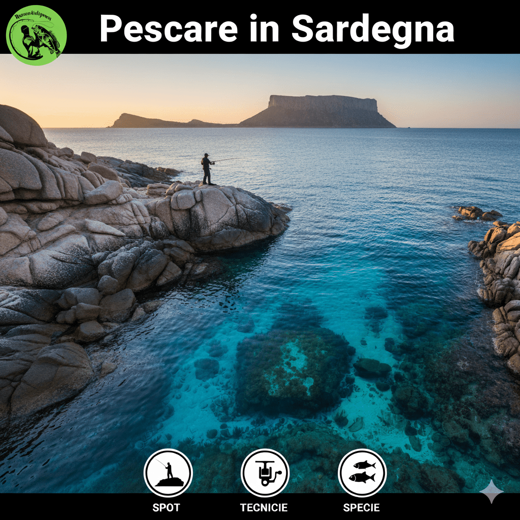 Pescatore in azione su una scogliera nella Sardegna settentrionale, con l'Isola di Tavolara e l'Isola di Molara visibili sullo sfondo.