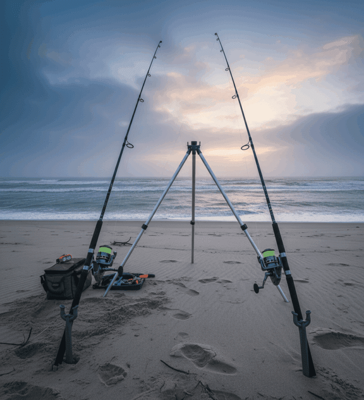 Postazione surfcasting invernale con due canne su spiaggia sabbiosa all'alba. Attrezzatura robusta per la pesca alla mormora con mare increspato e freddo.