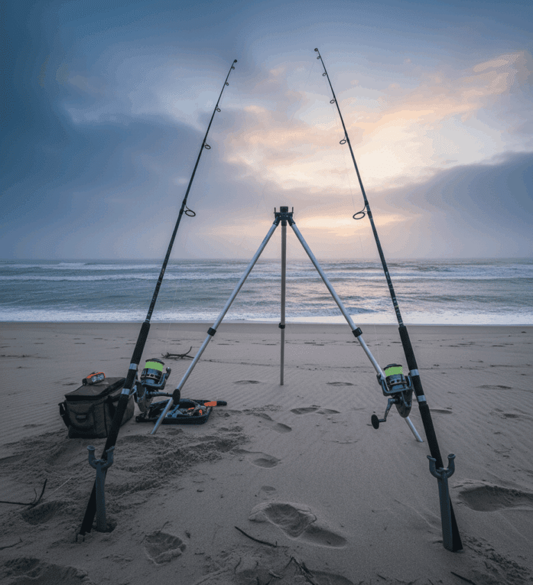 Postazione surfcasting invernale con due canne su spiaggia sabbiosa all'alba. Attrezzatura robusta per la pesca alla mormora con mare increspato e freddo.