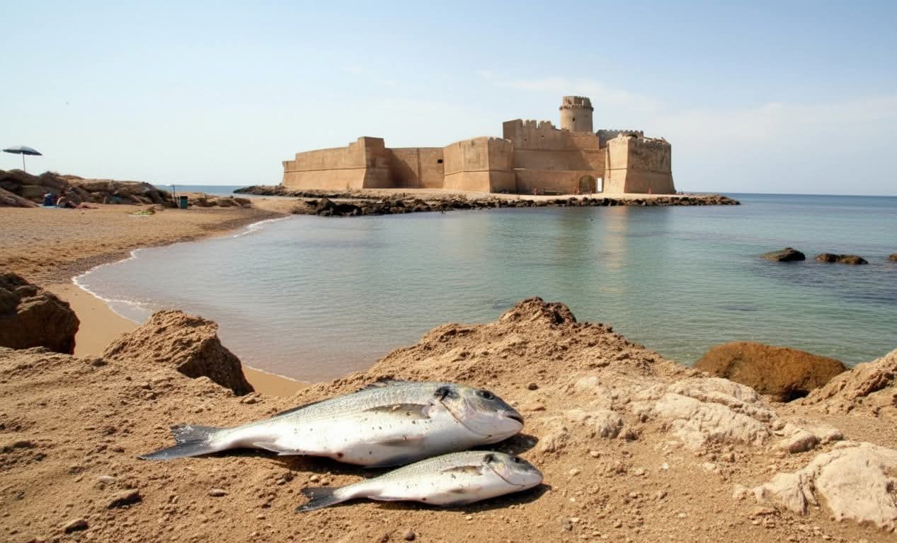 Coppia di orate pescate, adagiate sulla sabbia di fronte al Castello Aragonese di Le Castella, Calabria. Spiaggia, rocce e mare cristallino.