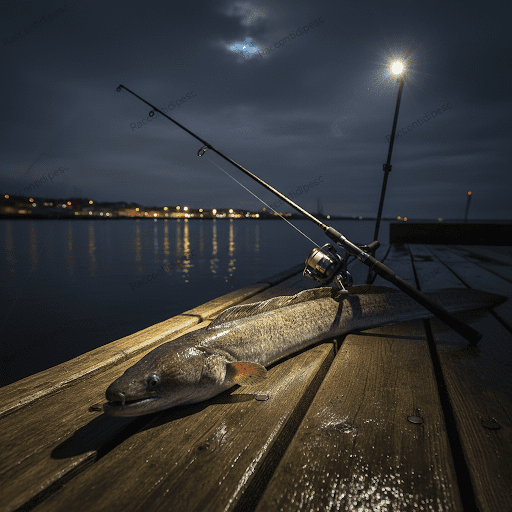 Un grosso capitone appena pescato adagiato su una banchina di legno bagnata, con una canna da pesca a mulinello accanto, sotto la luce di un lampione in una notte nuvolosa.