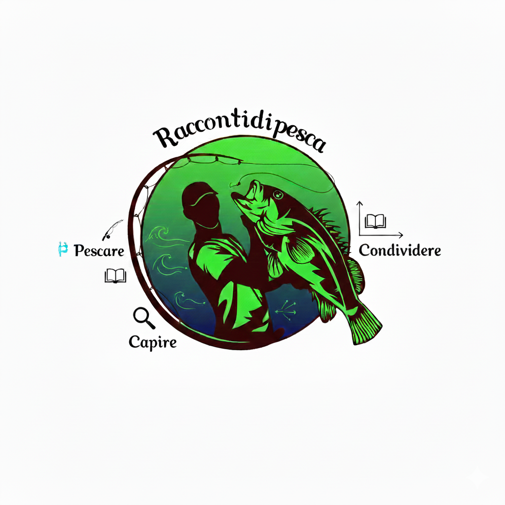 "Logo raccontidipesca con pescatore che tiene un pesce e il mantra Pescare Capire Condividere"