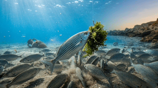 Branco di salpe sott'acqua con una che attacca l'alga sull'amoBranco di salpe sott'acqua con una che attacca l'alga sull'amo