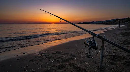 Canna da surfcasting sul treppiede al tramonto su spiaggia estiva