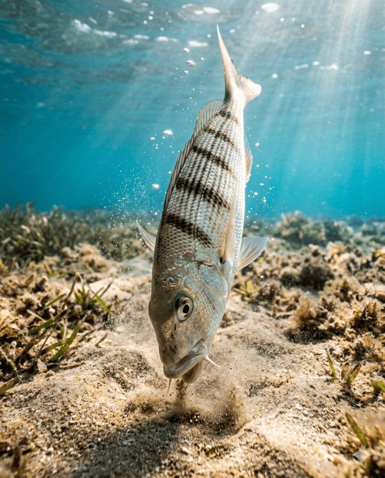 Mormora Lithognathus mormyrus che grufolа sul fondale sabbioso con posidonia mediterraneo
